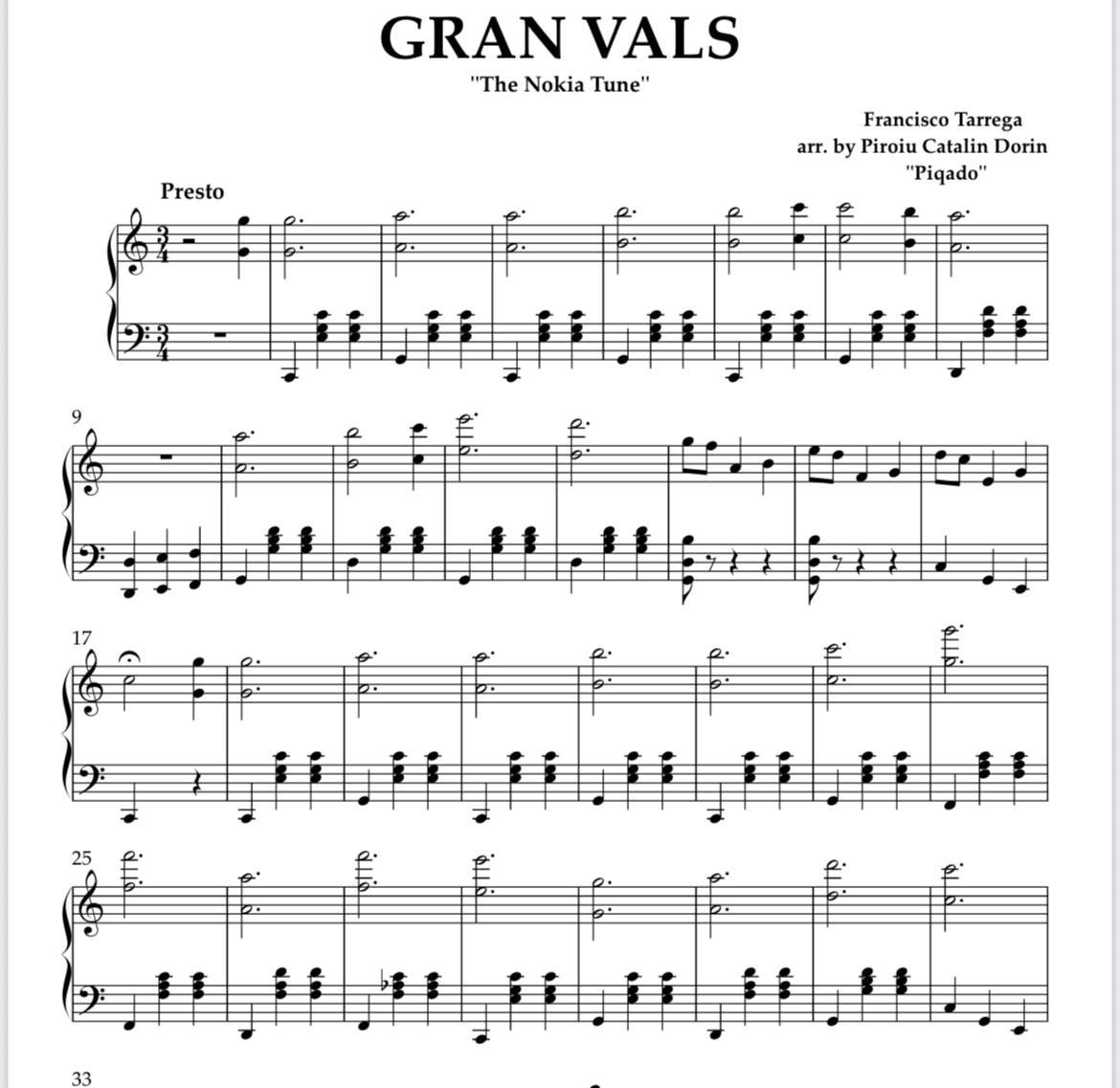 Gran Vals - Francisco Tarrega for Solo Piano