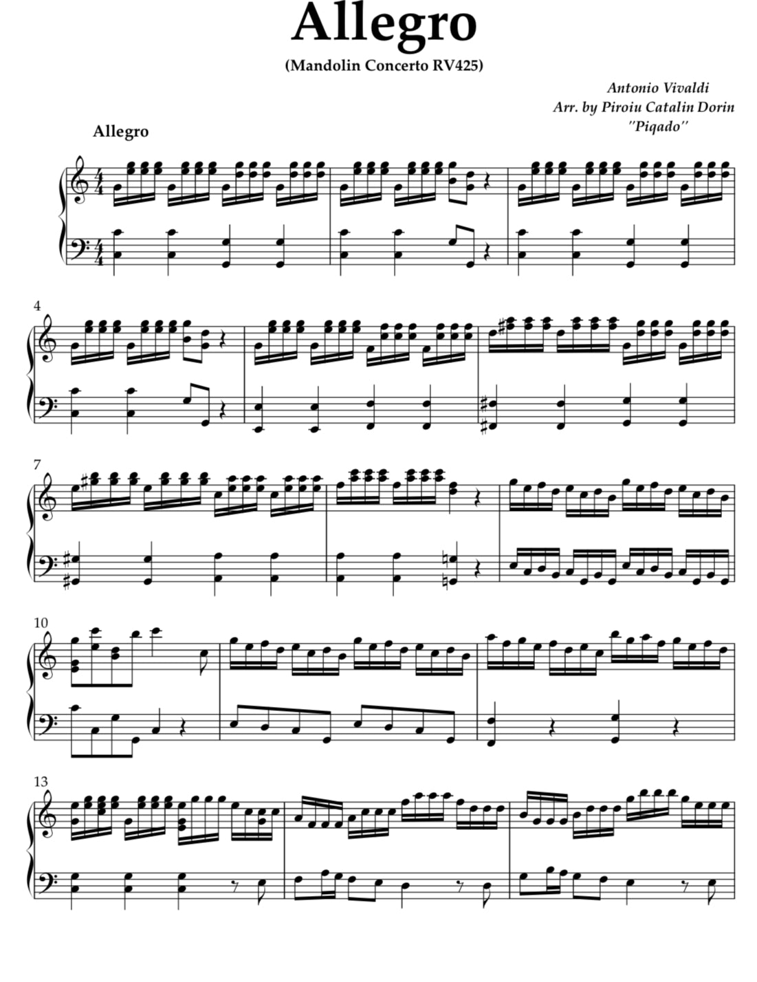 Antonio Vivaldi - Concerto RV425 for Solo Piano